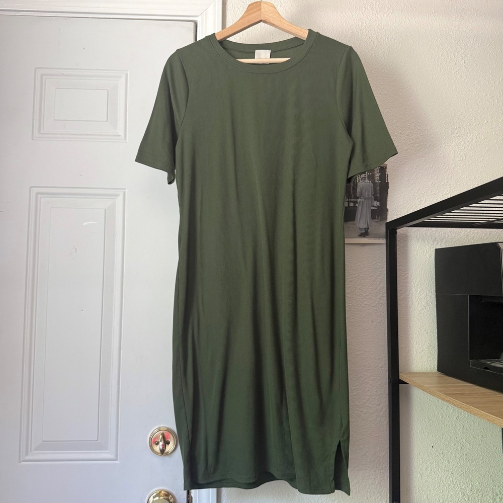 ELLOH olive green rib ribbed short sleeve crew neck knit midi t-shirt tee dress